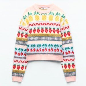 🍓 Zara Fruit Fun Pink Sweater Strawberry Cherry Pineapple